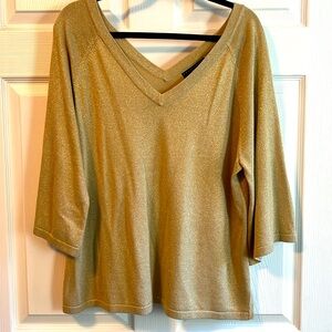 Sexy Women’s Plus Holiday Gold shimmer V neck sweater with 3/4 sleeves.